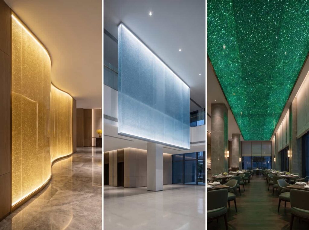 Modern architectural interior with curved back-lit panels and ceiling installations using shimmering glitter acrylic for ambient lighting effects.
