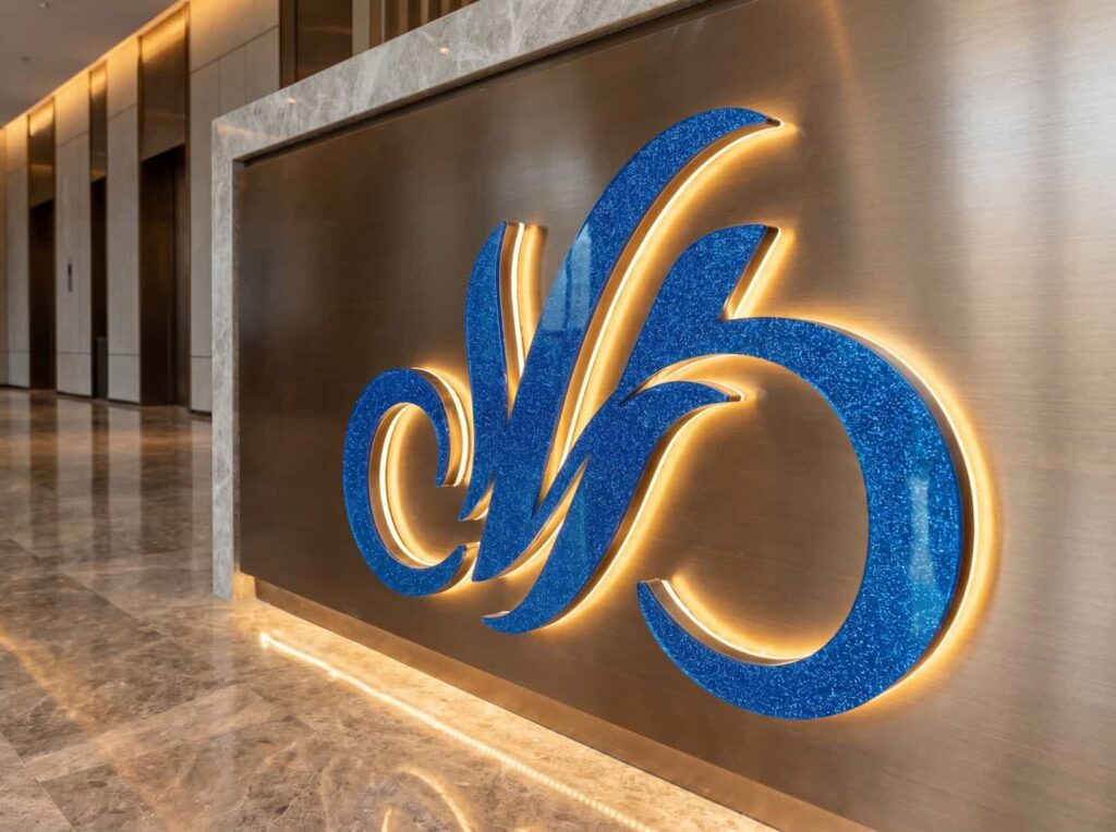 Sophisticated 3D brand logo signage crafted from vibrant blue glitter acrylic with elegant LED backlighting on a metallic wall.