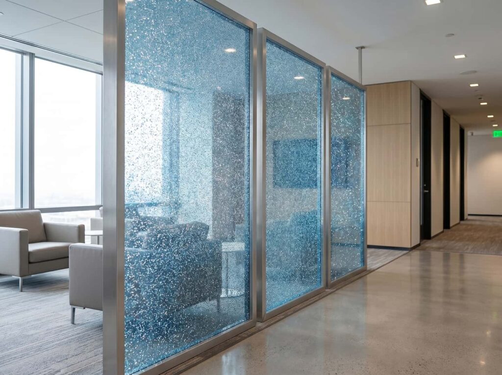 Customizable OEM/ODM industrial components and architectural glass-look partitions made from textured glitter acrylic material.