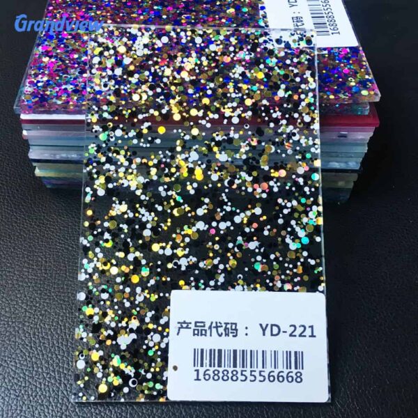 Custom black and gold glitter acrylic sheet sample with embedded confetti by Grandview Acrylic, item YD-221.