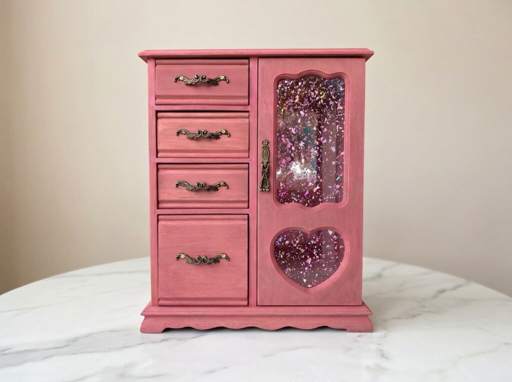 Custom pink decorative cabinet utilizing Grandview Acrylic's premium transparent panels with embedded holographic flakes for bespoke furniture design.