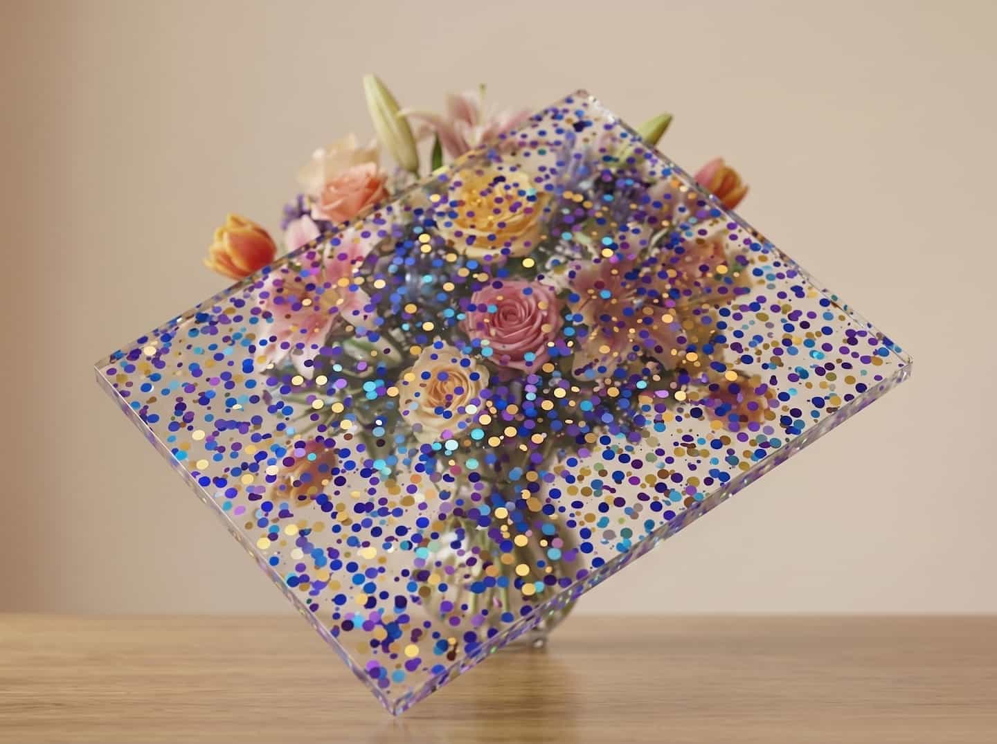 Premium clear acrylic block with embedded blue and purple flakes by Grandview Acrylic, ideal for custom decorative displays.