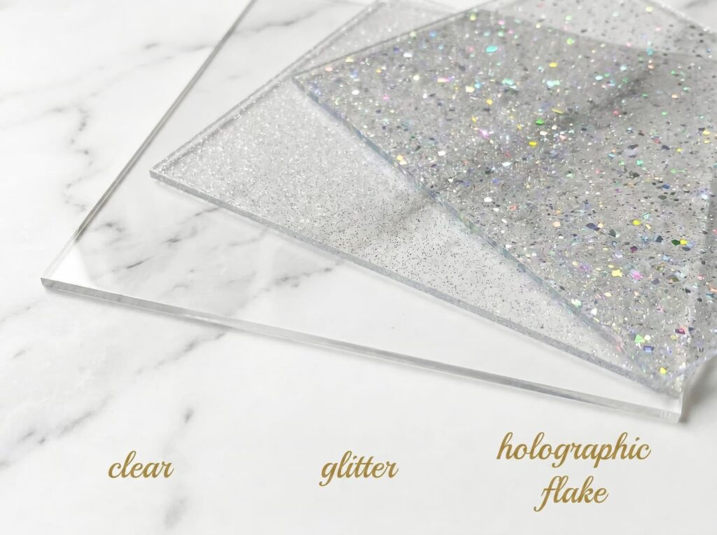 Visual comparison of premium custom acrylic finishes by Grandview Acrylic, featuring standard clear, fine glitter, and Transparent Embedded Flake Acrylic Sheet for high-end projects.