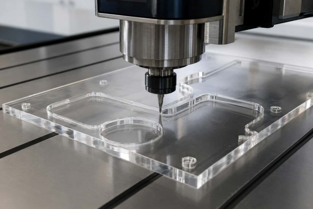 CNC router precision cutting and engraving a clear custom acrylic sheet.