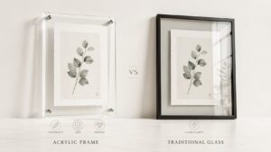 Comparison between clear acrylic picture frame and traditional glass frame highlighting lightweight and durable features.