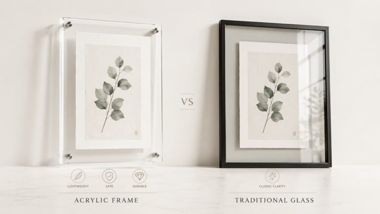 Comparison between clear acrylic picture frame and traditional glass frame highlighting lightweight and durable features.
