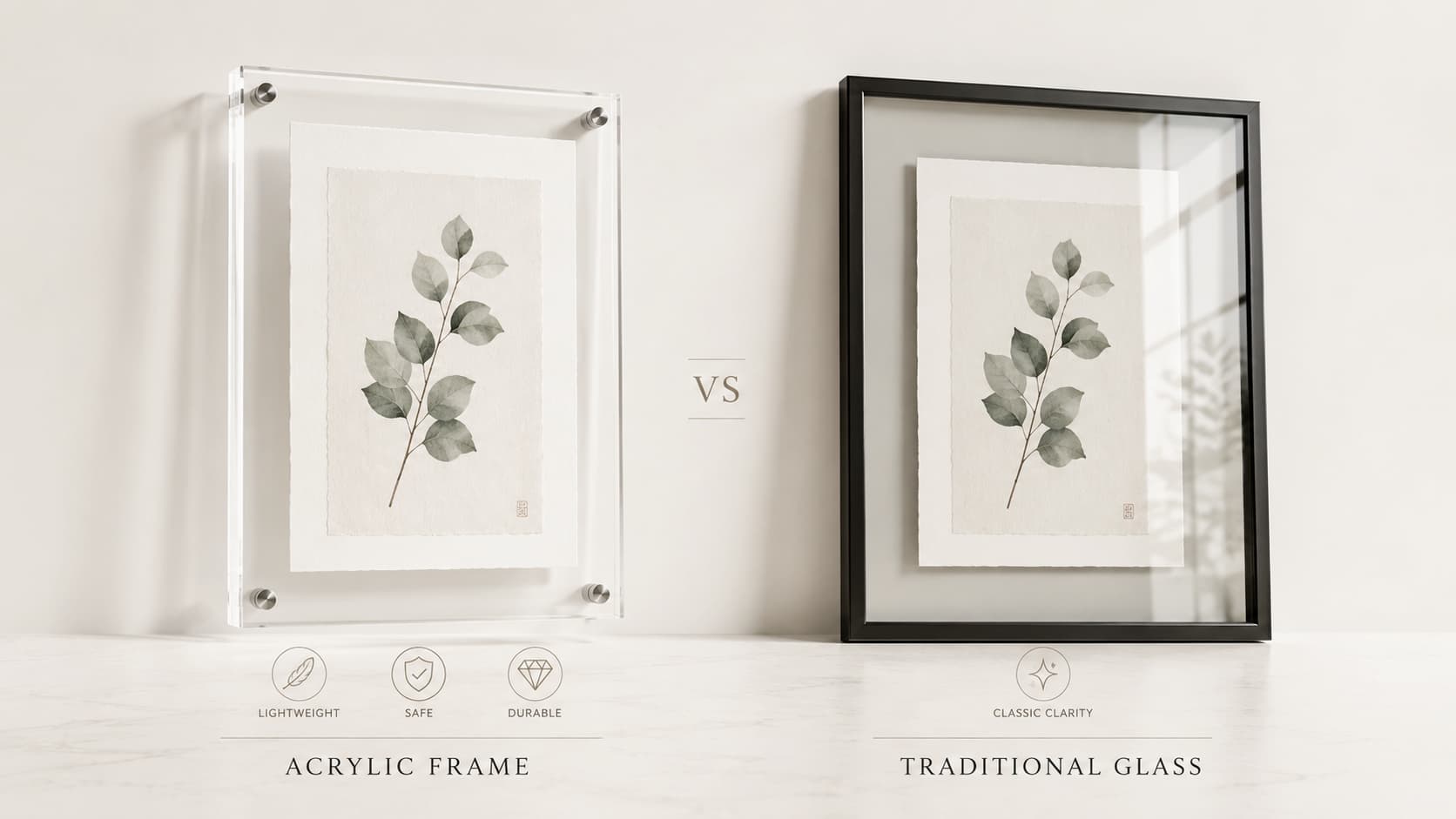 Comparison between clear acrylic picture frame and traditional glass frame highlighting lightweight and durable features.