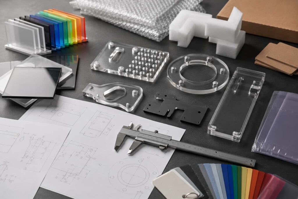 Precision CNC machined acrylic prototypes undergoing quality inspection with calipers and blueprints.