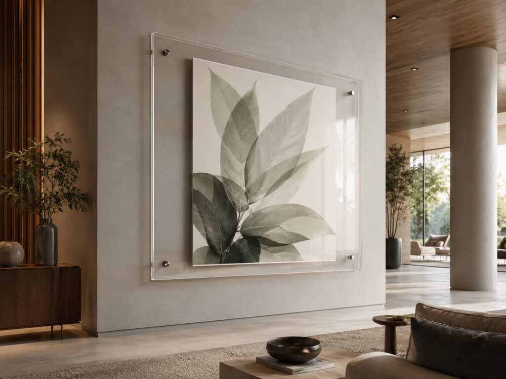 Oversized clear acrylic wall frame providing a lightweight and safe installation for large scale artwork in a modern lounge.