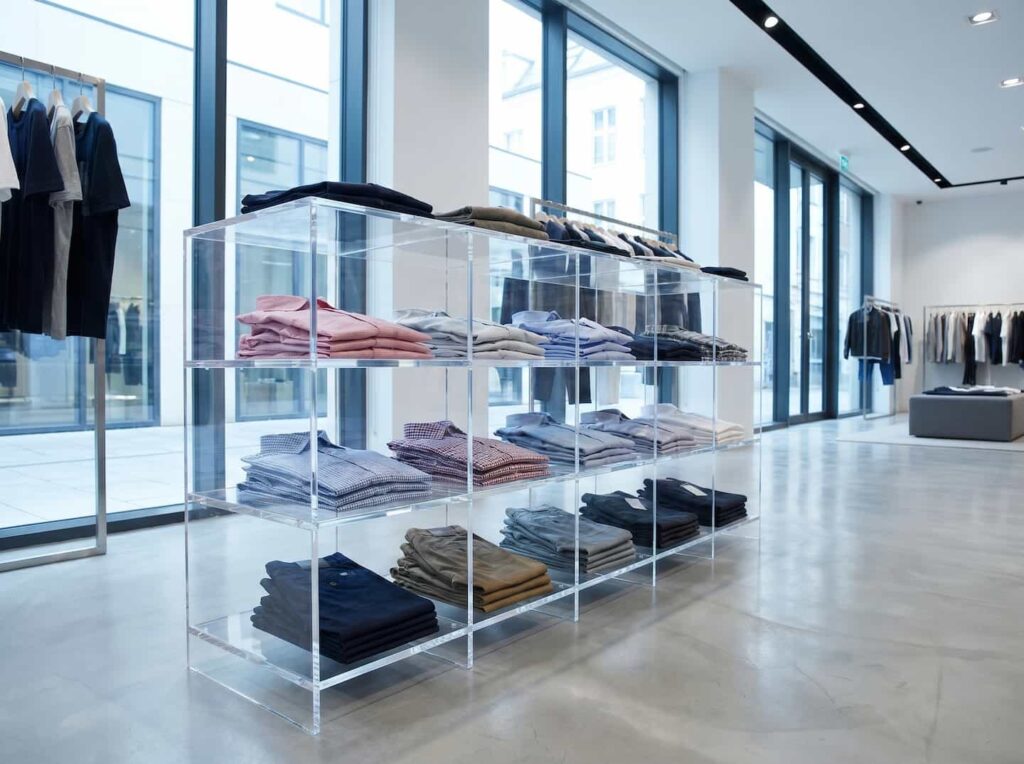 Clear acrylic retail display shelving and signage in a clothing store, highlighting modern design and breakage resistance.