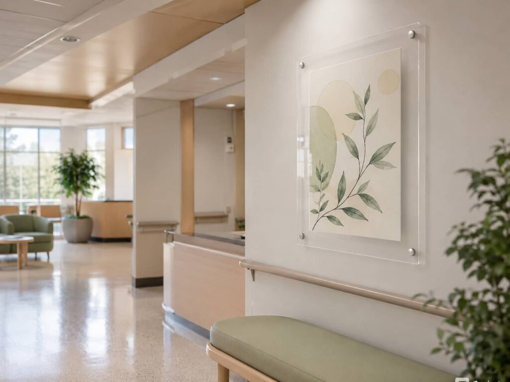 Wall-mounted acrylic frame in a hospital hallway, reducing the risk of broken glass in public spaces.