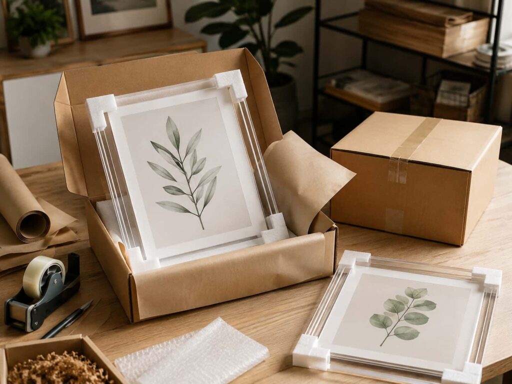 Shatterproof acrylic frames in shipping boxes with protective corners, ideal for reliable courier delivery and online orders.