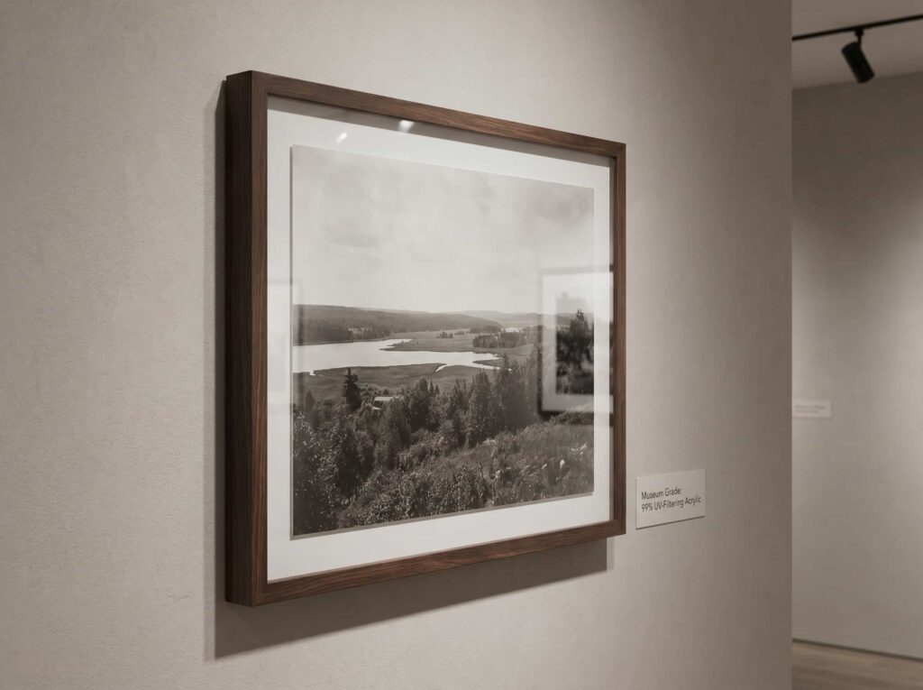 Professional grade UV-filtering acrylic frame protecting a landscape photo from fading in a gallery setting.