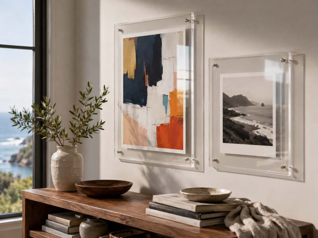 Two modern acrylic frames with standoff bolts displaying abstract art on a living room wall, emphasizing clarity and style.