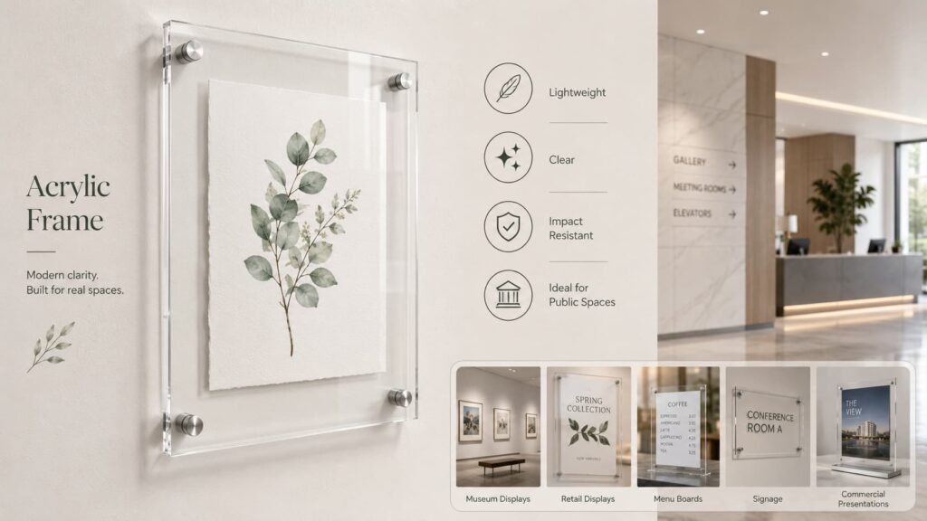 Versatile acrylic frames for museum displays, retail signage, menu boards, and commercial presentations.