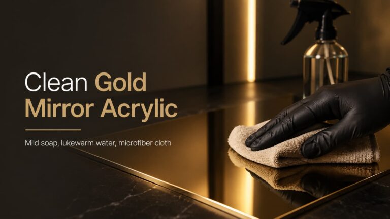 Clean Gold Mirror Acrylic. Mild soap, lukewarm water, microfiber cloth