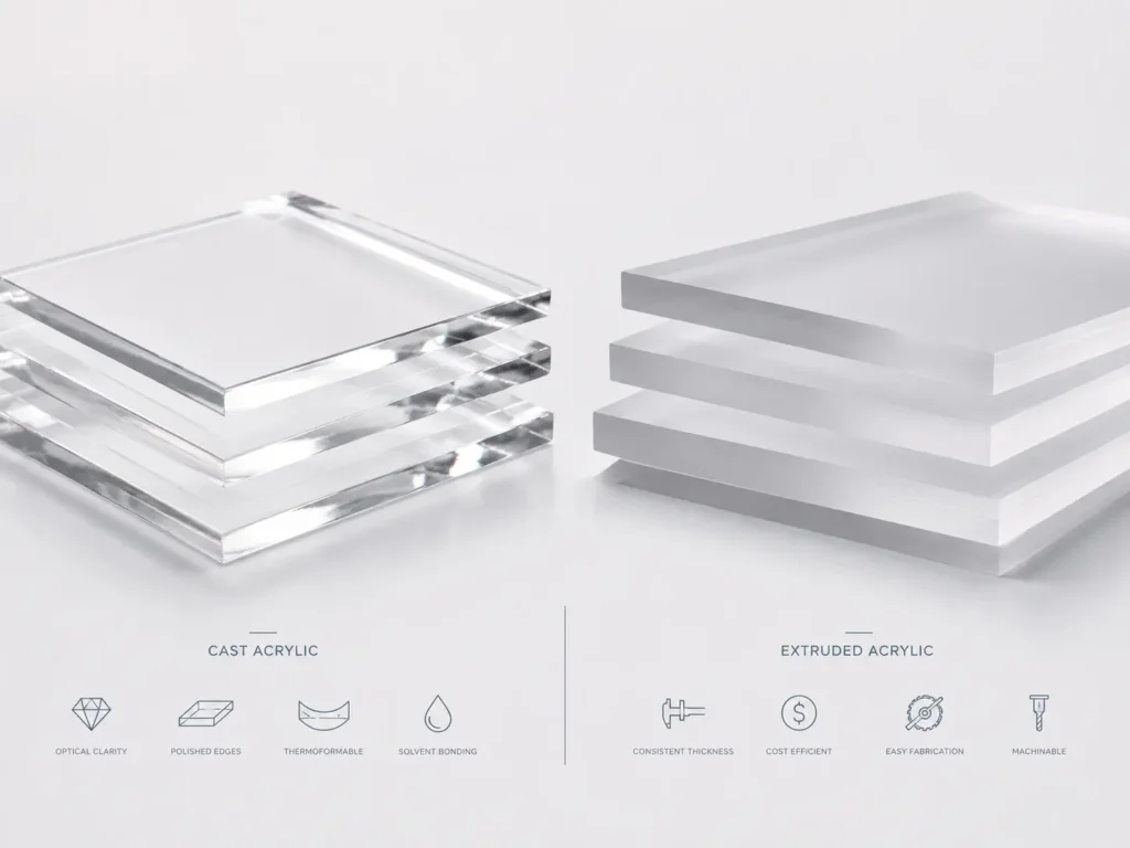 Cast vs extruded acrylic sheets comparison for B2B display manufacturing, signage production, CNC cutting, edge polishing, bending, and custom acrylic fabrication.