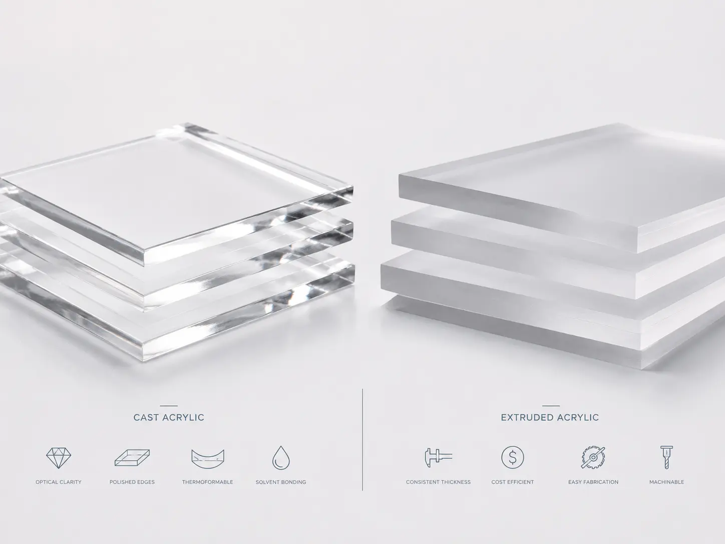 Cast vs extruded acrylic sheets comparison for B2B display manufacturing, signage production, CNC cutting, edge polishing, bending, and custom acrylic fabrication.
