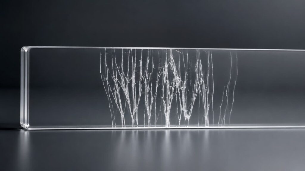 Clear acrylic block with internal cracks