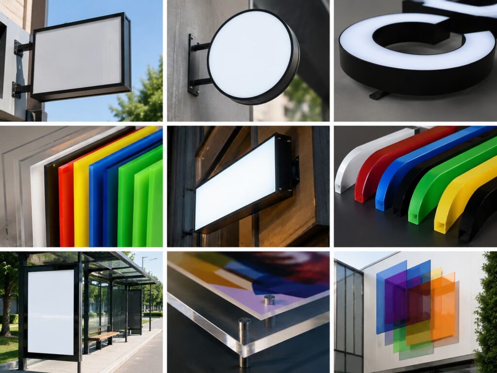 Outdoor acrylic sheets used in lightboxes, channel letter faces, printed panels, display signs, and decorative signage applications