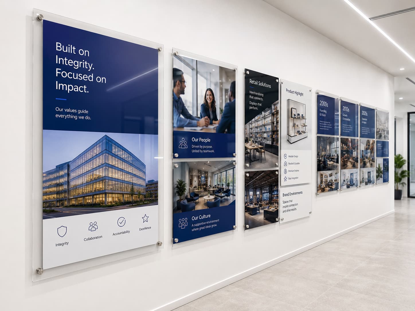 Modern corporate hallway with branding displays