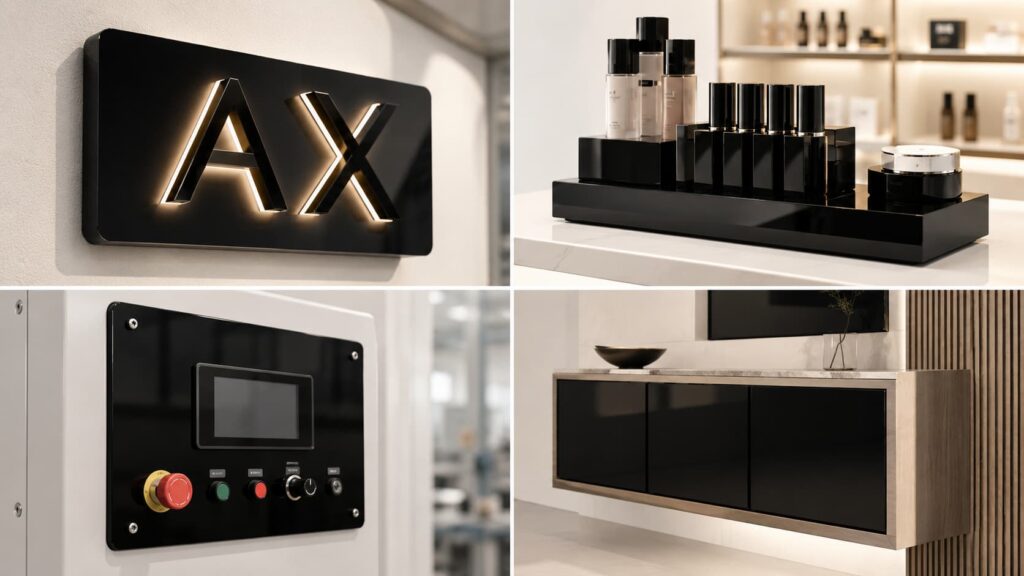 Black acrylic sheet applications in signage, retail displays, control panels and interiors