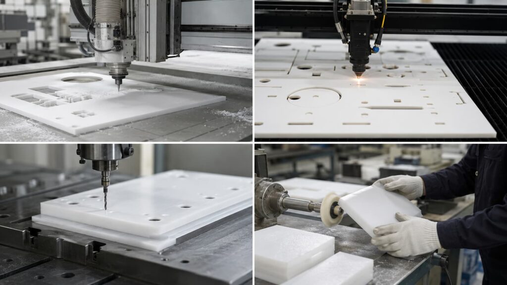 CNC cutting and edge finishing of custom white acrylic components