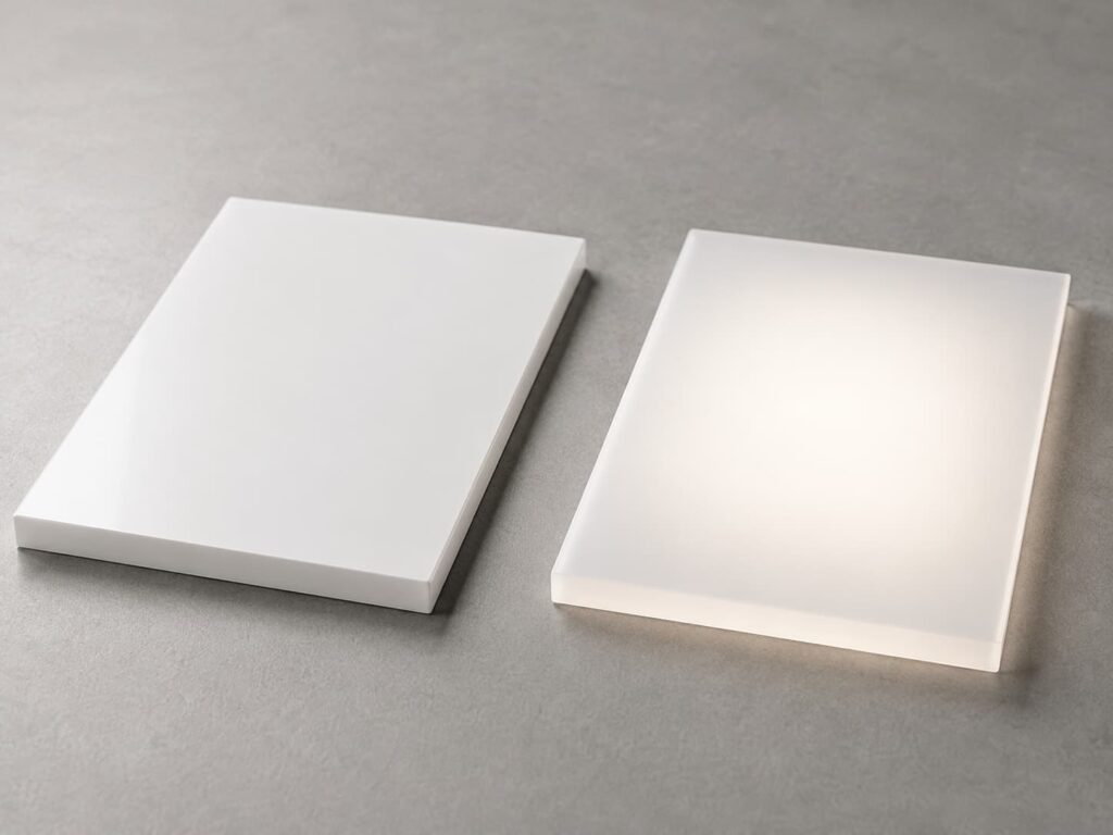 Opaque and translucent white acrylic grades compared under backlighting