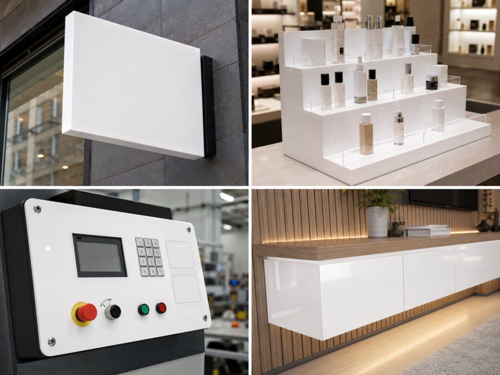 Commercial white acrylic panels used in signage displays and interior fixtures